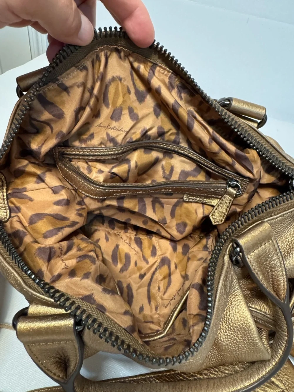 Aimee Kestenberg Metallic Bronze Leather Satchel Crossbody Shoulder Bag